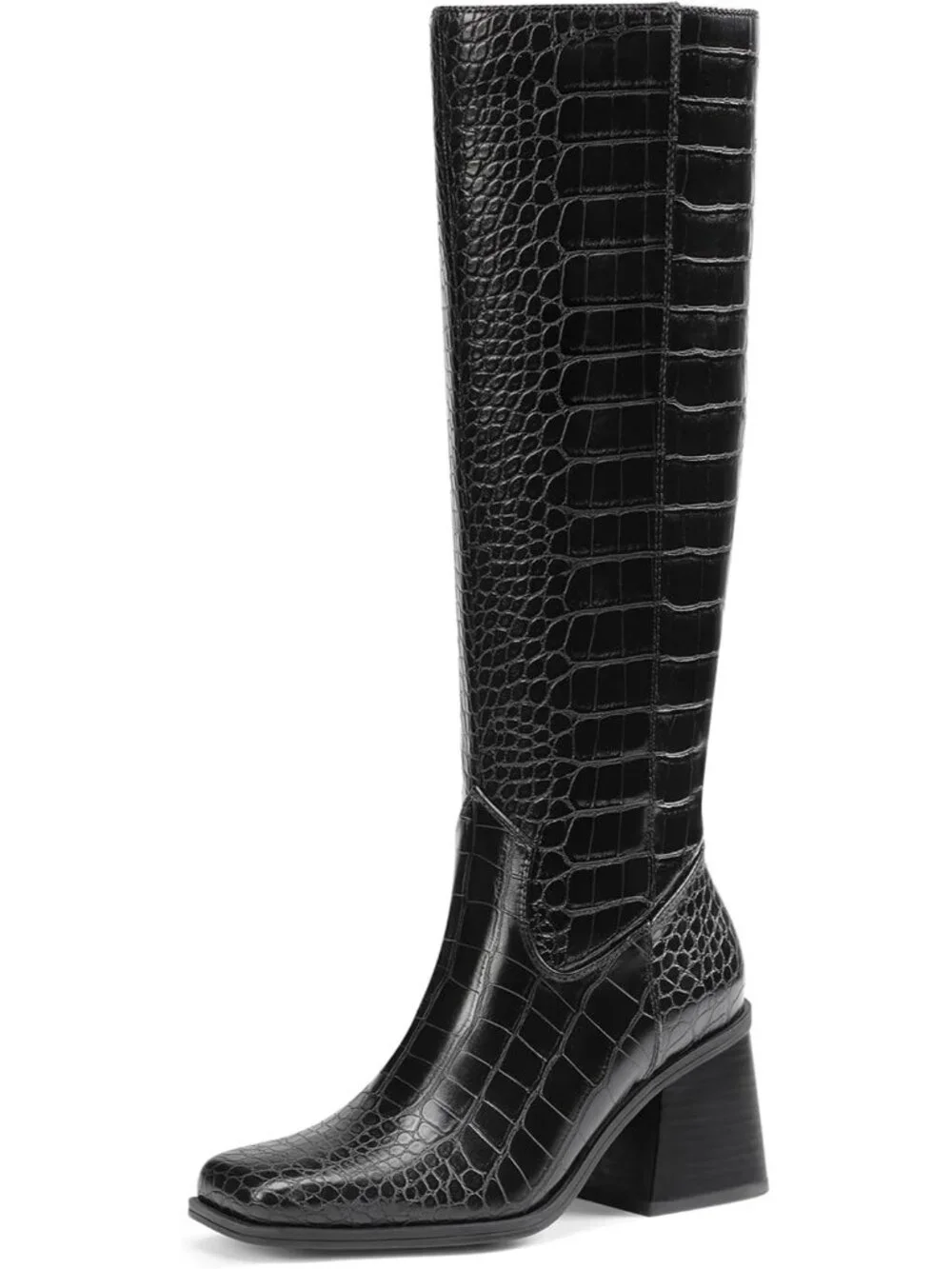 Women's Black Croco Chunky Block Heel Square Toe Side Zipper Knee High Boots